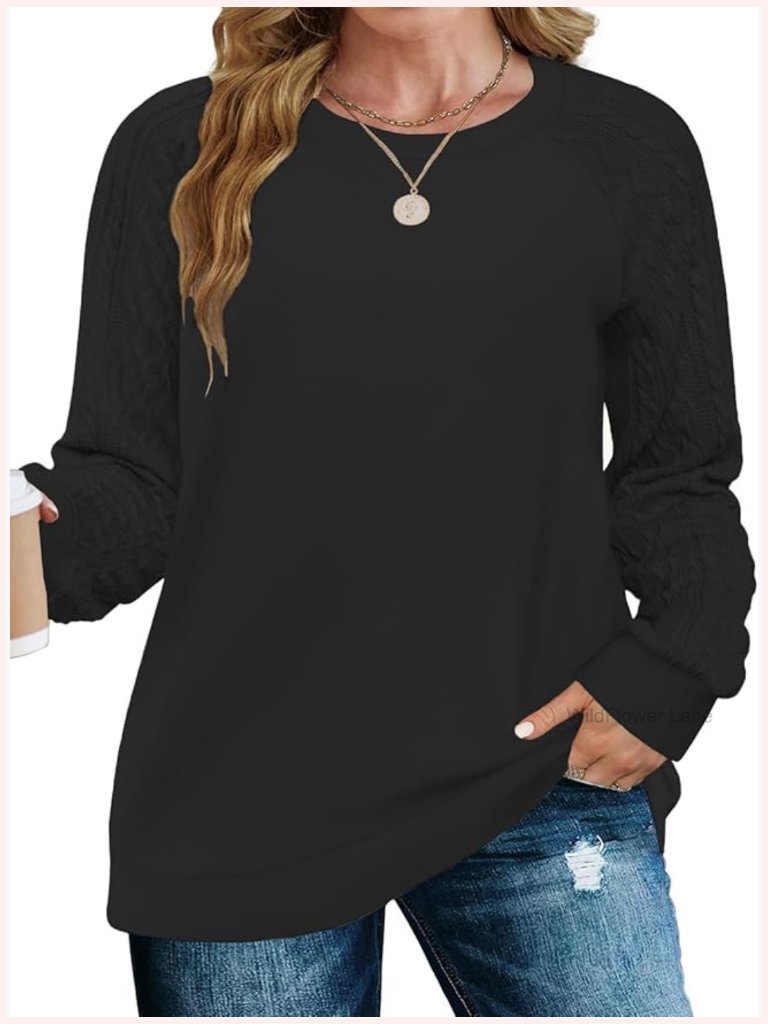 Plus Size Oversized Raglan Cable Knit Sweatshirt Tunic Top